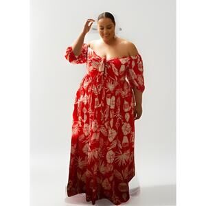 Eloquii Tropical Off Shoulder Tropical Leaf Red Tie Front Sz 14 Maxi Dress EUC